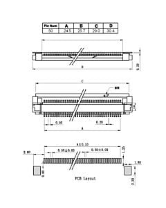 SMT贴片掀盖式50 Pins 0.5mm间距卧贴下接FPC连接器,连接插座