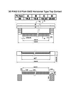 SMT贴片抽屉式30 Pins 0.5mm间距卧贴上接FPC连接器,连接插座