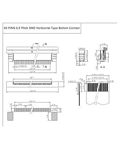 SMT贴片抽屉式60 Pins 0.5mm间距卧贴下接FPC连接器,连接插座