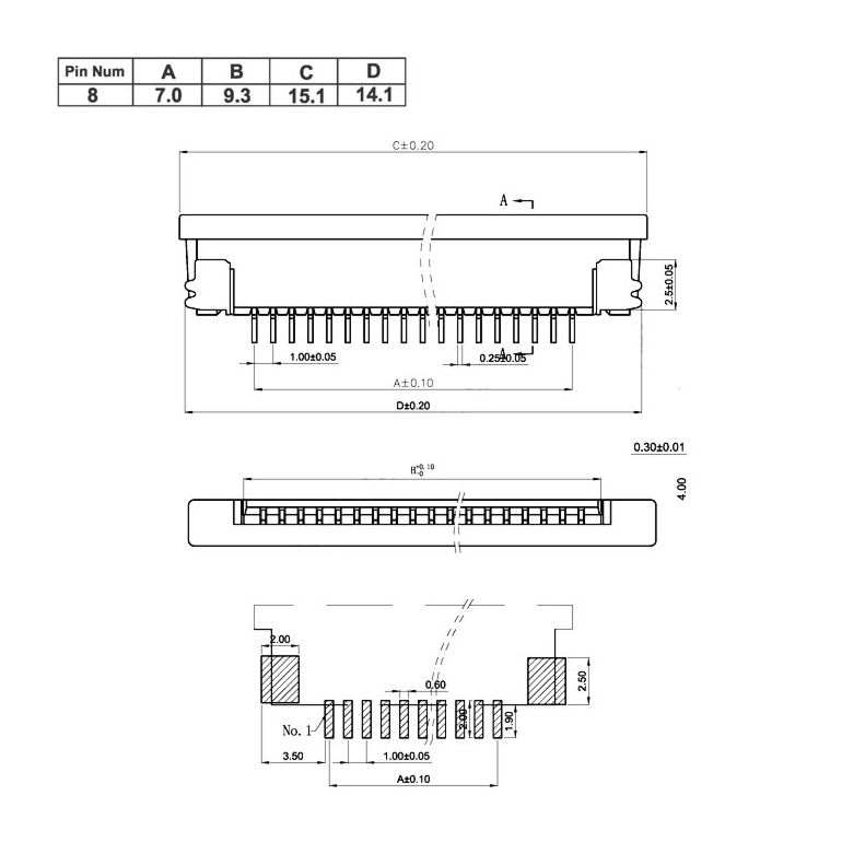 8 Pin 1.0mm Pitch Bottom Contact ZIF Connector,FPC Connector